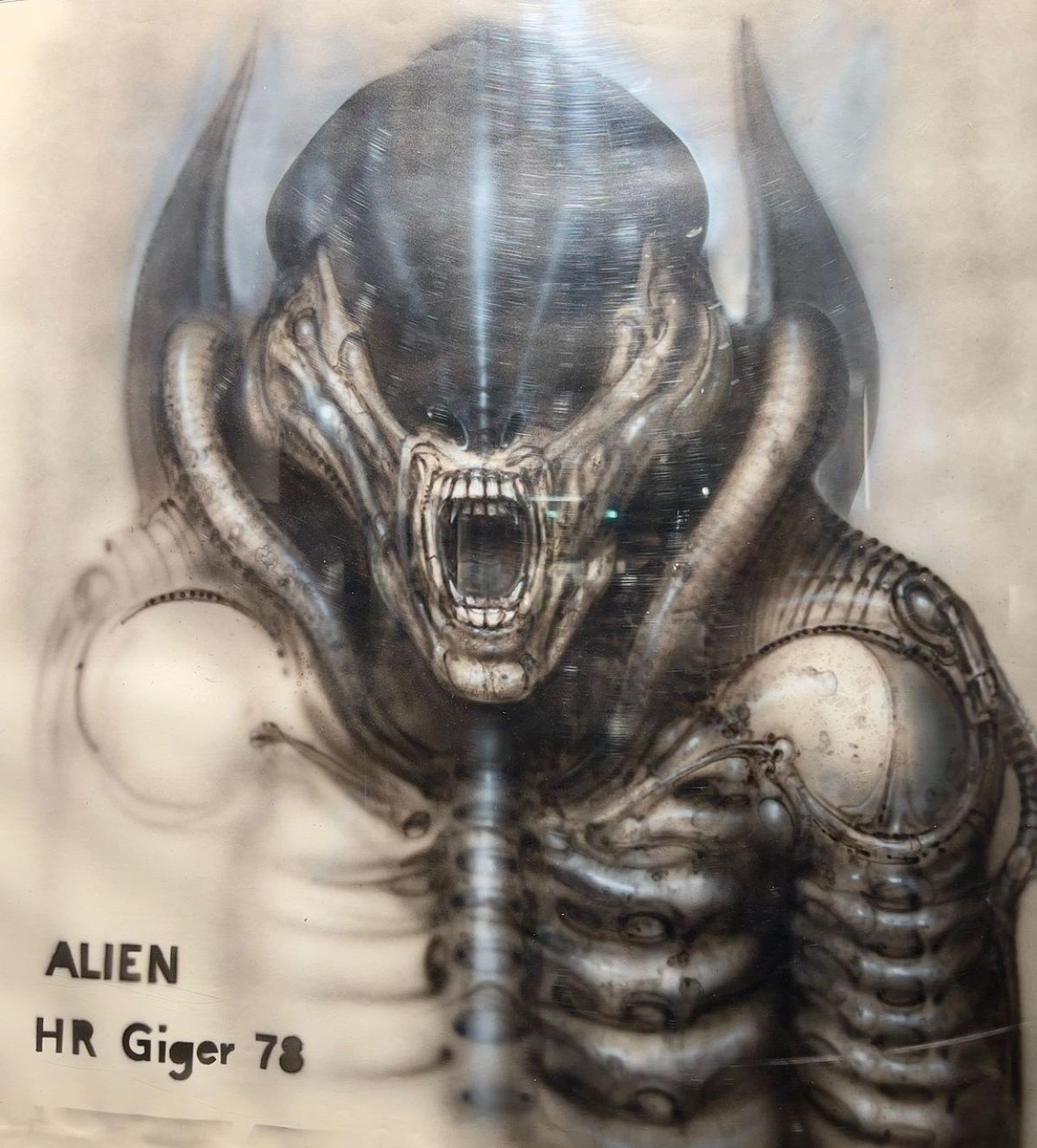 Un disegno di HR Giger, l'artista svizzero che ha ideato la rappresentazione dello Xenomorfo, la creatura protagonista di Alien. Per questo lavoro ha ricevuto l'Oscar ai migliori effetti speciali nel 1980.