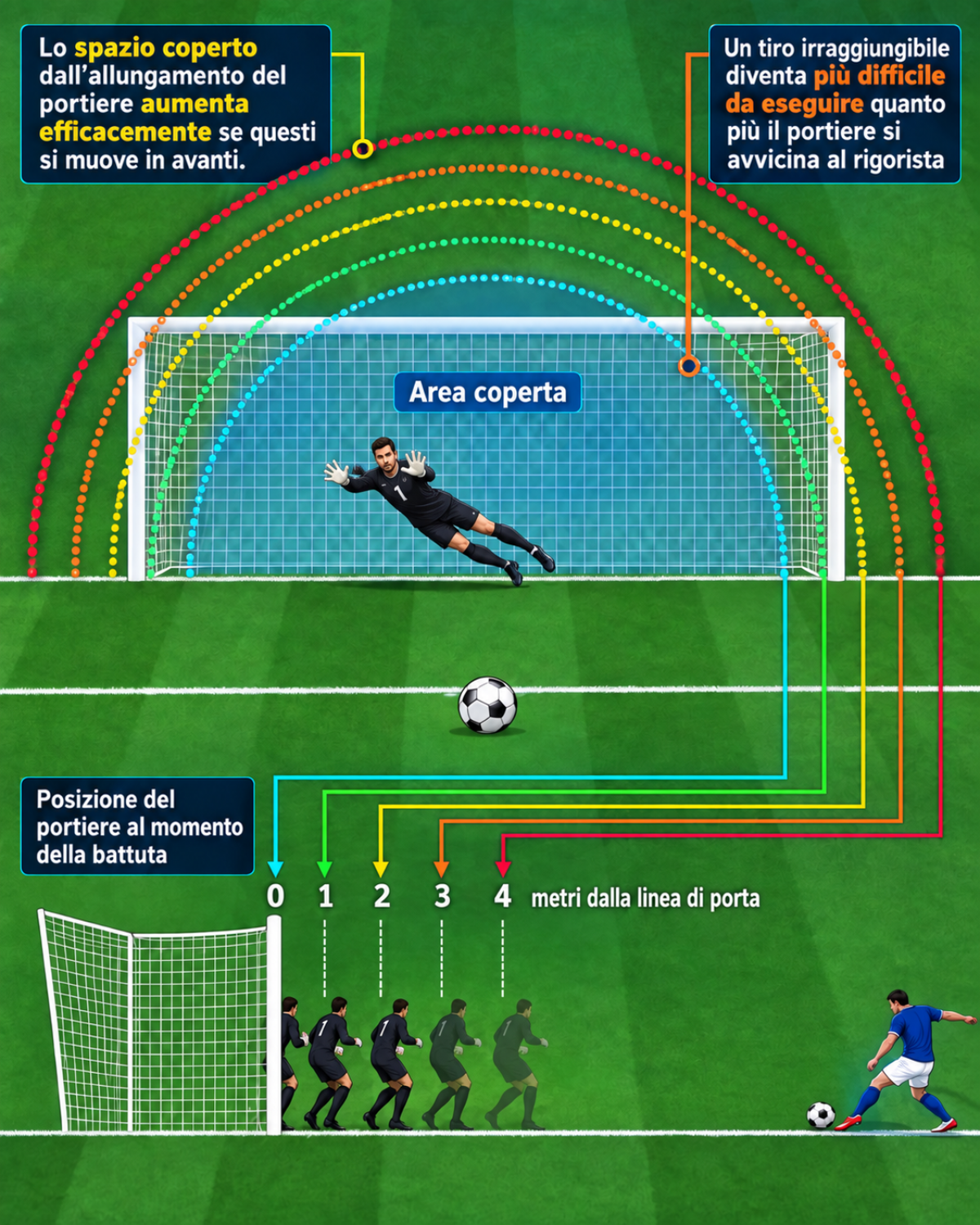 L'ampiezza di parata del portiere con le zone irraggiungibili della porta (grafico in alto) e la sua tattica di avvicinamento (grafico in basso).