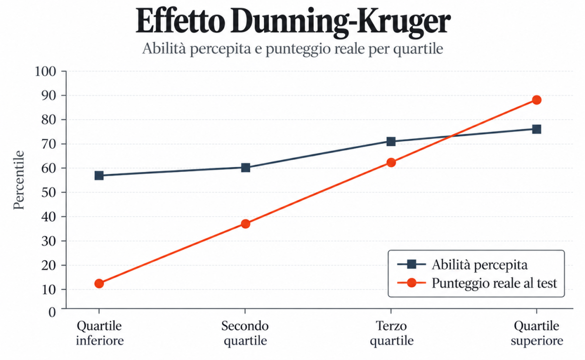 Dati tratti dall’esperimento 1 dell’articolo originale di Kruger e Dunning. Il grafico mostra il rapporto tra abilità percepita e punteggio reale nei diversi quartili. Come si vede, questa rappresentazione è diversa dal cosiddetto grafico Mt Stupid diffuso sul web: nei dati originali non compare alcun “picco della stupidità”.