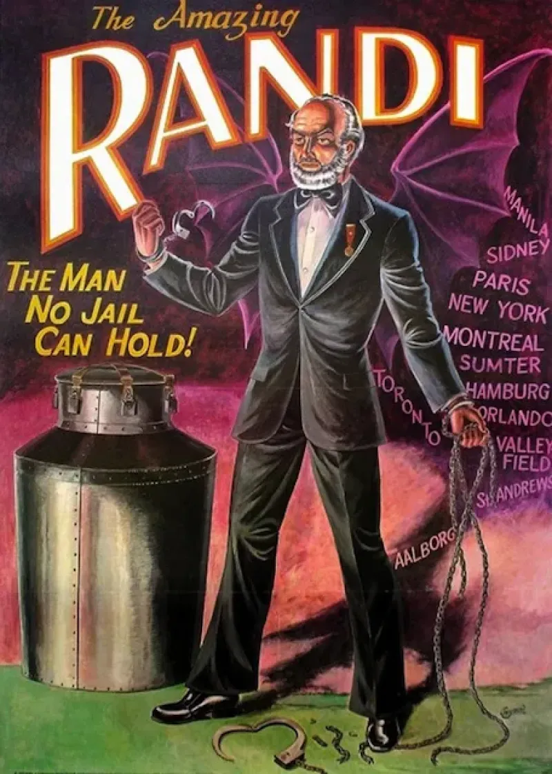 La locandina di James Randi per la fuga dal Bidone del latte.