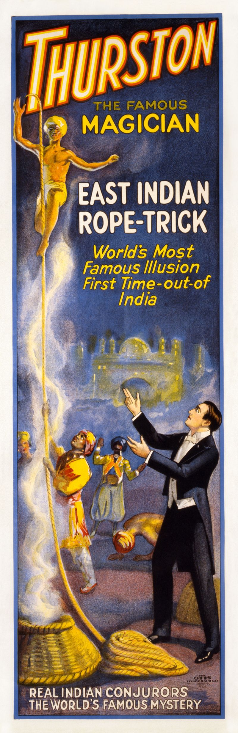 Una locandina degli anni ’20 del ’900 in cui l'illusionista americano Thurston ripropone la sua versione del numero della corda indiana.